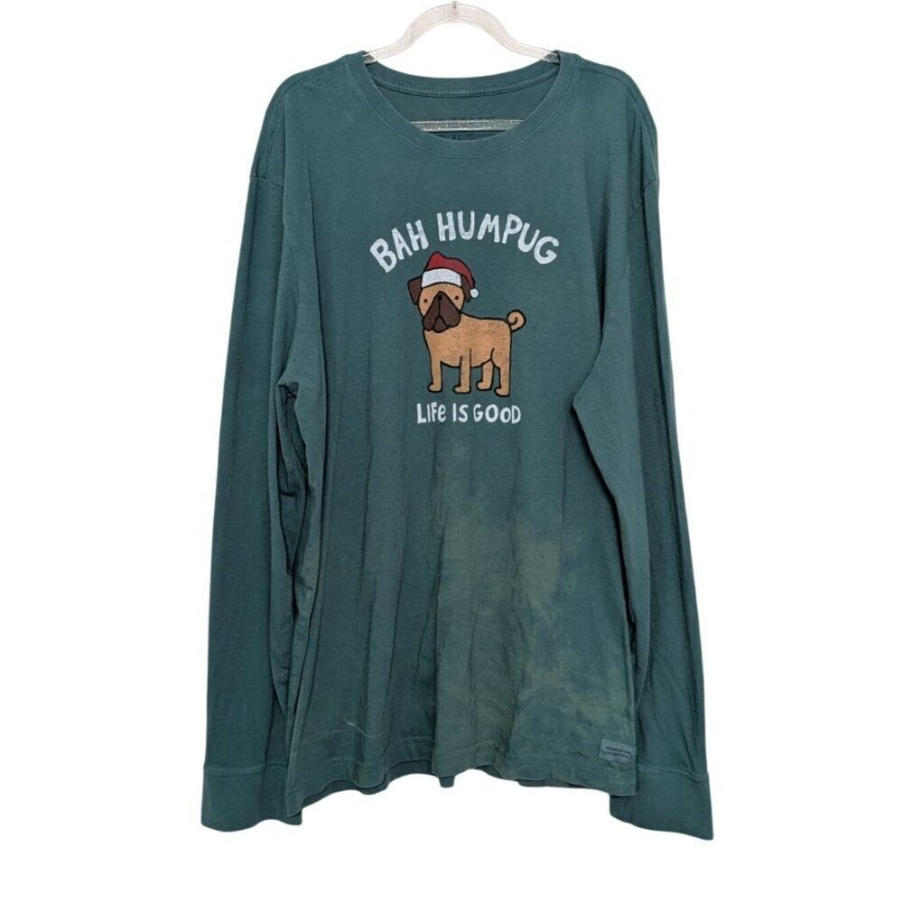 Life is Good Bah Humpug Crusher Tee Mens Size XL Green Pug Santa Long Sleeve